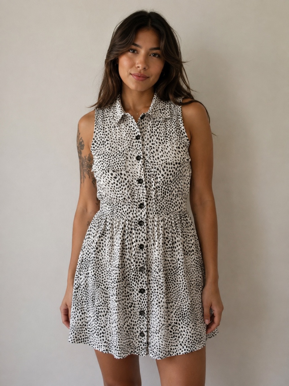 Topshop Animal Print Shirt Dress US 6 Black White Button Front Sleeveless
